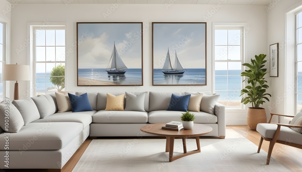 Fototapeta premium A bright, airy living room with large framed artwork depicting a serene beach scene with a sailboat in the distance. The room features white walls.