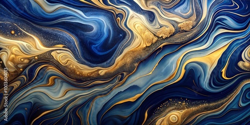 Abstract fluid art featuring flowing blue and gold patterns