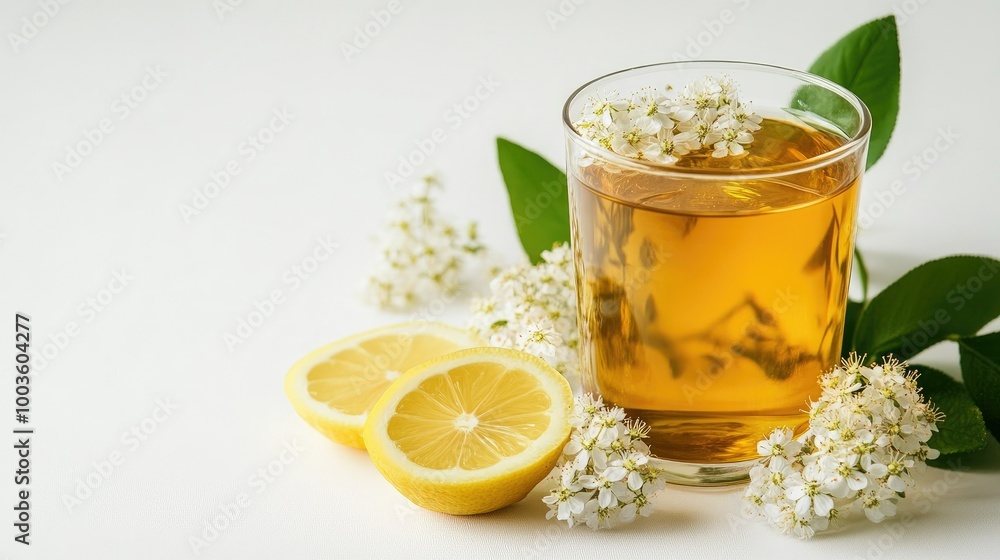 Elderflower and lemon tea in a transparent glass, placed on a minimalist white background with ample copy space. Elderflower and lemon tea in a transparent glass, placed on a minimalist white background with ample copy space.