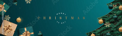 Festive dark green banner with golden Xmas decorations