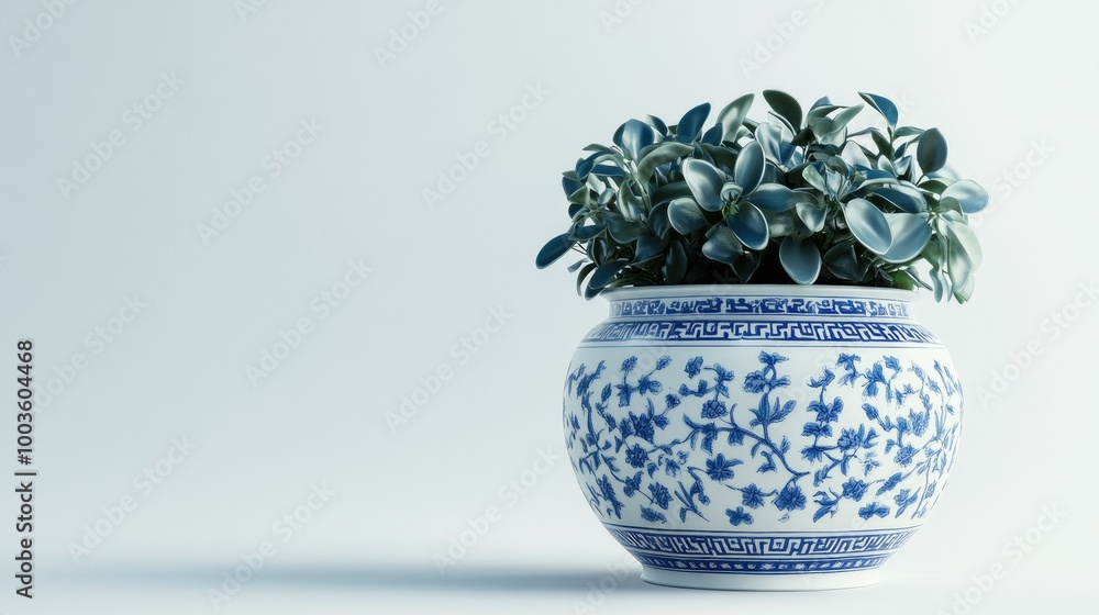 Elegant Chinese pattern-style flowerpot with intricate blue and white designs, placed on a clean background for a classic look. Elegant Chinese pattern-style flowerpot with intricate blue and white designs, placed on a clean background for a classic look.