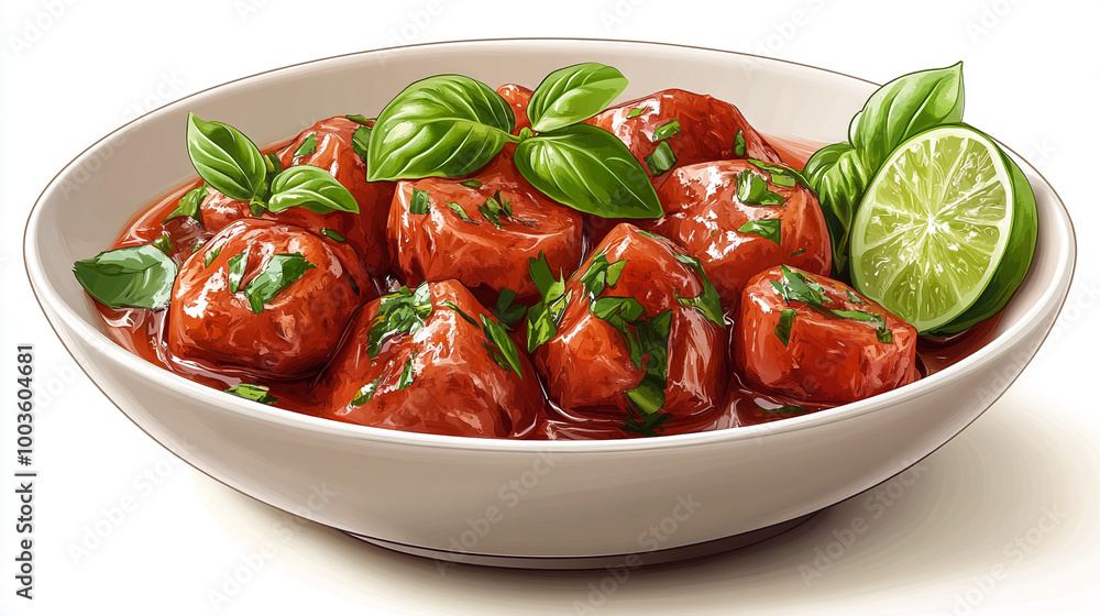 A delicious bowl of vibrant meatballs topped with fresh basil and lime, perfect for any culinary presentation. A delicious bowl of vibrant meatballs topped with fresh basil and lime, perfect for any culinary presentation.