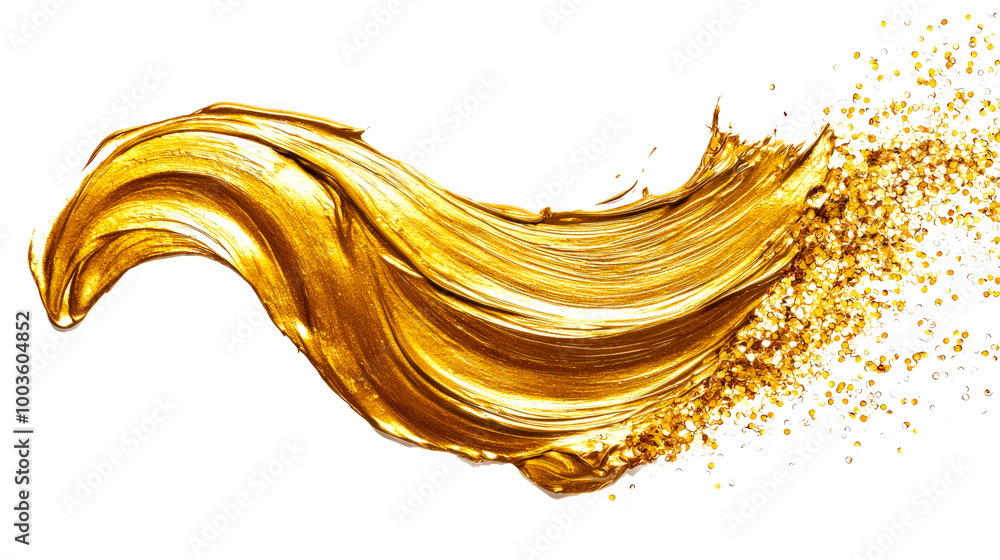 Fototapeta premium A golden shining textured brush stroke on a white background. A luxurious element for the design. A stroke with a gold brush with a touch of gold acrylic paint. Hand-drawn