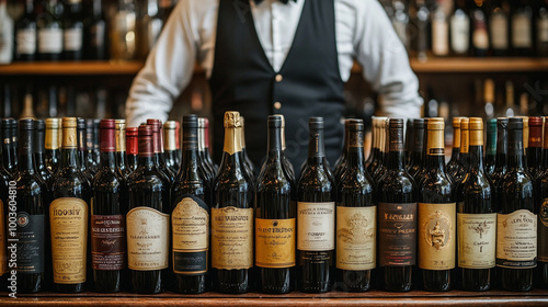 A elegantly arranged collection of wine bottles displayed by a bartender in a sophisticated environment.