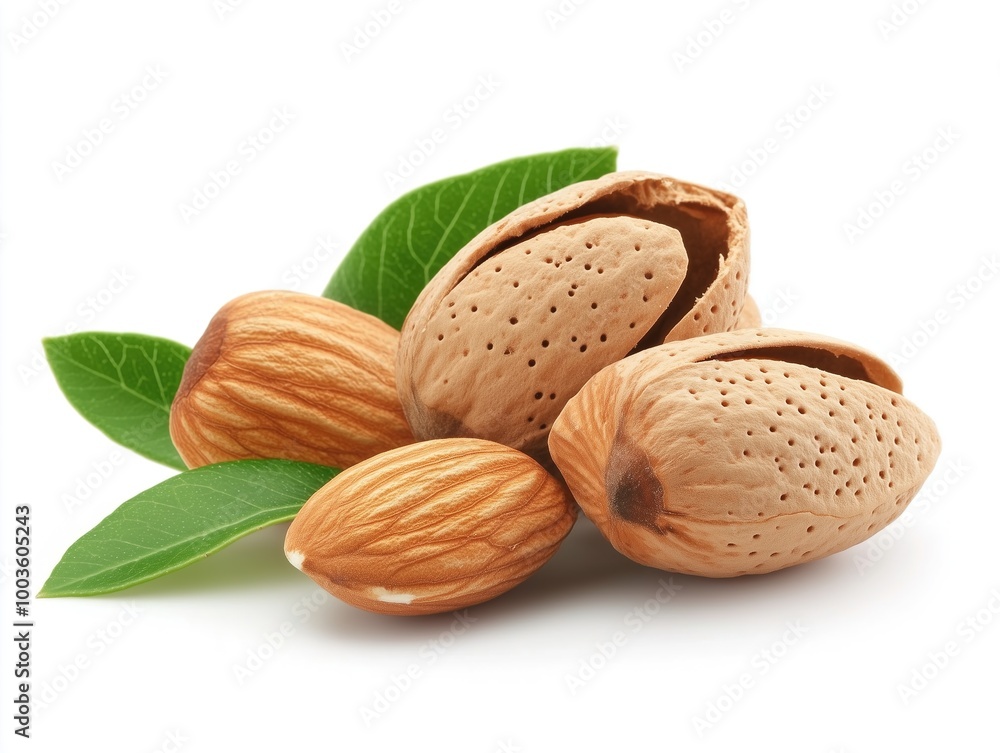 Set of almond nuts and cracked almonds isolated on white background Set of almond nuts and cracked almonds isolated on white background