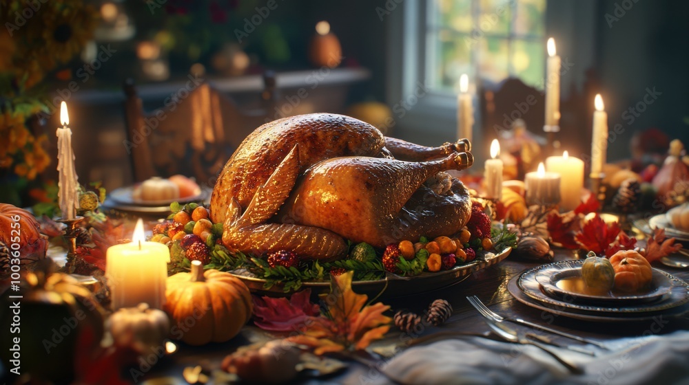 A 3D Thanksgiving table laden with a perfectly cooked turkey, candles, and autumn-inspired A 3D Thanksgiving table laden with a perfectly cooked turkey, candles, and autumn-inspired