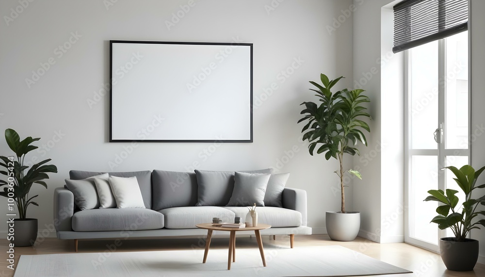 A minimalist living room with a large blank frame on the wall, a gray sofa, and a potted plant. A minimalist living room with a large blank frame on the wall, a gray sofa, and a potted plant.