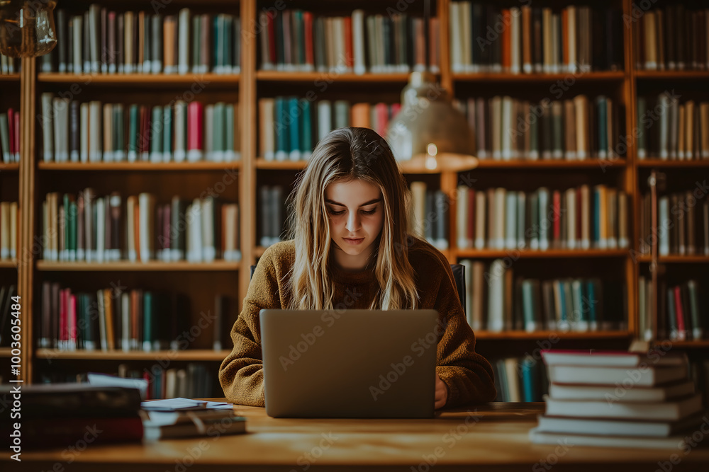 A focused college student in a library, sitting at a desk with books and a laptop, taking notes, surrounded by bookshelves in the background A focused college student in a library, sitting at a desk with books and a laptop, taking notes, surrounded by bookshelves in the background