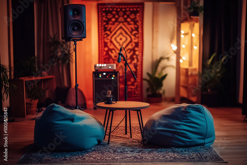 Casual Podcast Studio Setup with Bean Bags for a Relaxed and Informal Recording Environment