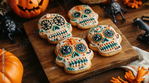 Freshly made skull-shaped cookies with eerie icing designs, surrounded by trick-or-treat props and Halloween decor.