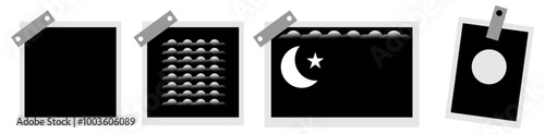 photo frames of various shape and size glued to transparent background with adhesive tape of different colors. Vector illustration with vintage style.