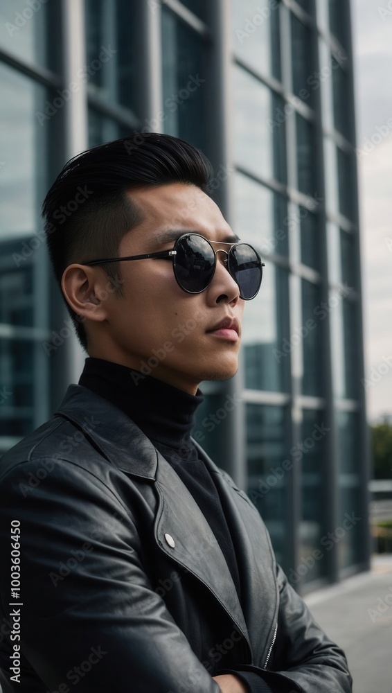 Young Asian man in a leather jacket posing in front of a glass building Young Asian man in a leather jacket posing in front of a glass building