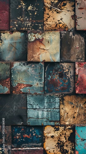 Detailed view of aged metal tiles showcasing a variety of rustic and industrial textures and colors, perfect for backgrounds or design elements.