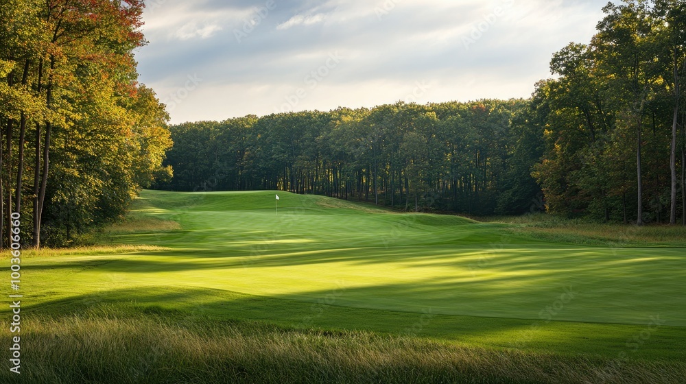 Golf field with rolling green grass, framed by thick woods on a calm day, with the course flag visible in the distance. Golf field with rolling green grass, framed by thick woods on a calm day, with the course flag visible in the distance.