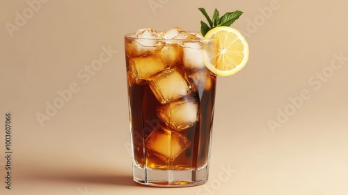 Highball glass filled with a chilled Long Island Iced Tea, ice cubes, and a lemon slice, finished with a touch of mint on a beige backdrop.