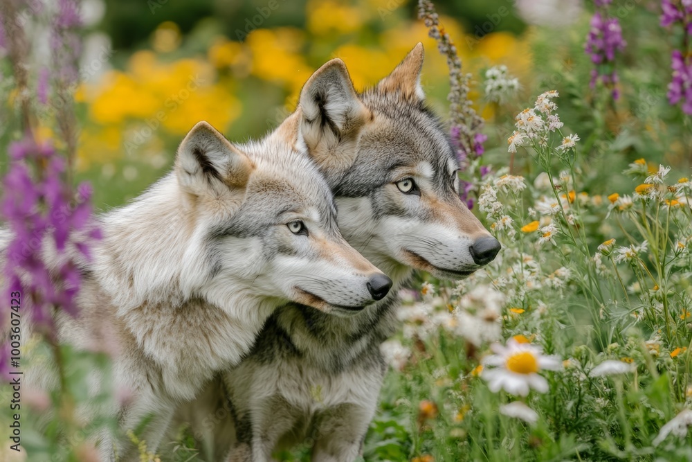 Fototapeta premium Two majestic wolves stand side by side in a colorful flower field. This tranquil scene captures the beauty of nature and wildlife. A perfect fit for animal lovers. Generative AI
