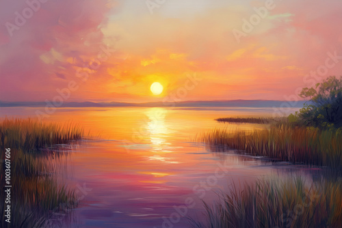 Vibrant Sunrise Over a Tranquil Bay, Illuminating the Waters with Golden Light