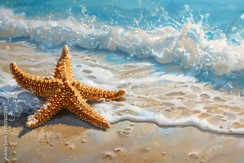 Starfish on a beach. Colorful, summer background