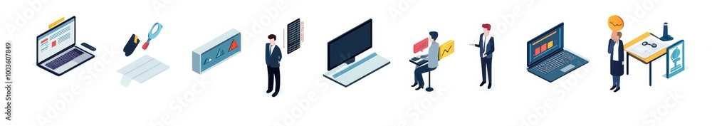 Isometric vector illustrations featuring a comprehensive business icon collection. Isometric vector illustrations featuring a comprehensive business icon collection.