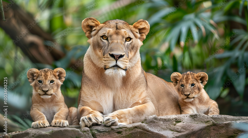 A powerful lioness staring intensely, guarding her cubs with unwavering determination and strength. A powerful lioness staring intensely, guarding her cubs with unwavering determination and strength.