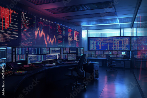 High-Tech Trading War Room with Multiple Monitors and Advanced Analytical Tools