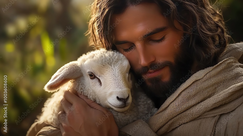 A serene moment of a man gently holding a lamb in a peaceful setting. A serene moment of a man gently holding a lamb in a peaceful setting.