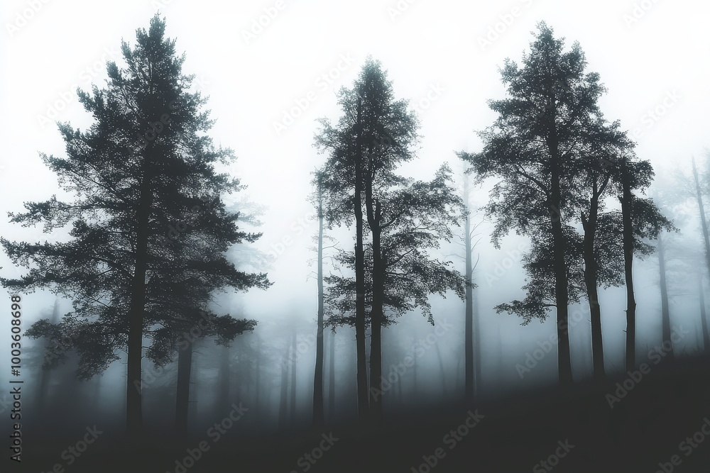 Silhouetted trees in a misty forest landscape. Silhouetted trees in a misty forest landscape.