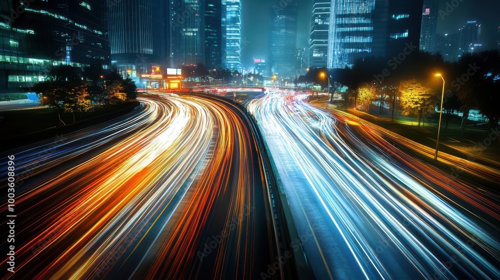 City traffic at night with light trails from cars on a busy highway. City traffic at night with light trails from cars on a busy highway.