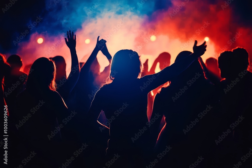 Fototapeta premium Dynamic silhouettes of people dancing at a vibrant concert in the night.
