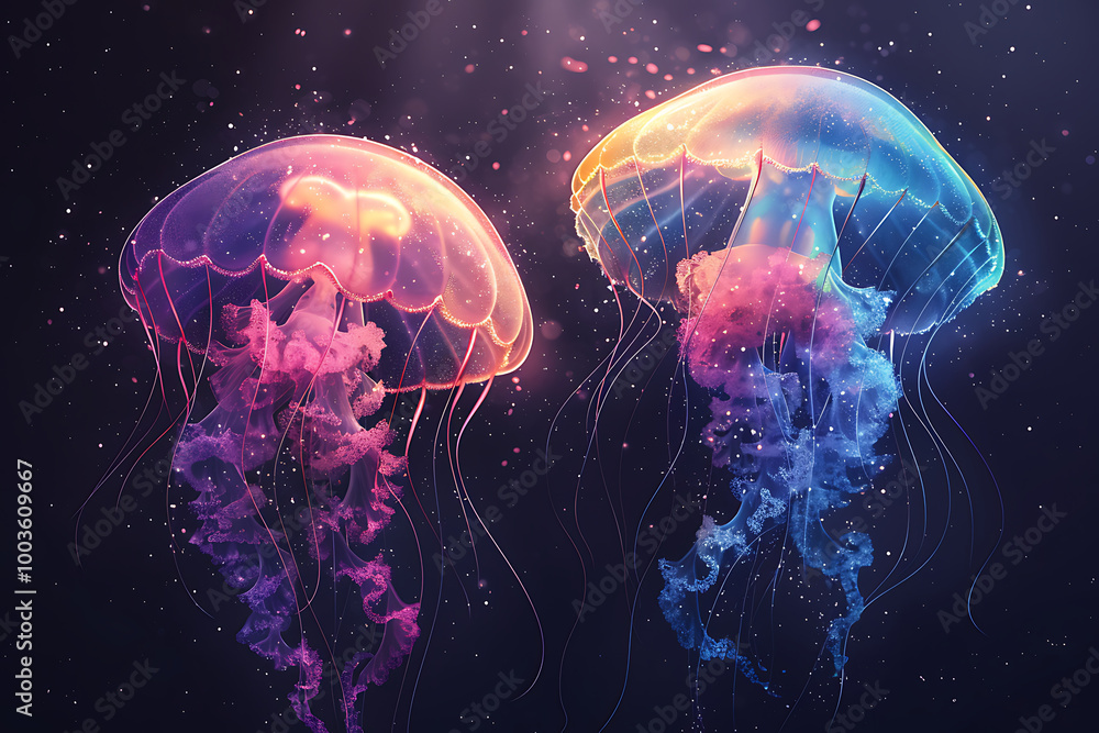 Naklejka premium Bioluminescent jellyfish in the deep sea