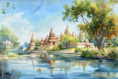 Panorama view famous landmarks Bangkok and Chiang mai in Thailand. Watercolor painting landscape of tourism location beautiful in sky and sun background. photo