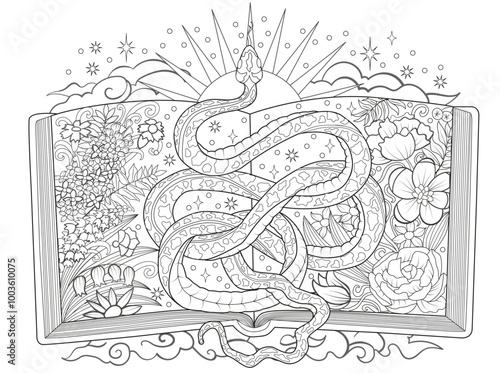 Hand drawn line art illustration with open book, flowers and snake - symbol of the year according to eastern horoscope. Graphic artwork for coloring page. Esoteric, gothic and mystic concept