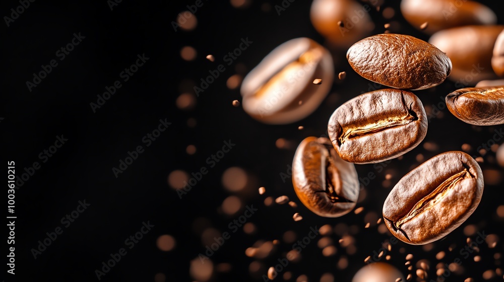 Fresh coffee beans floating with a dark background Fresh coffee beans floating with a dark background