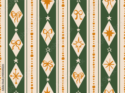 Seamless Christmas patterns with various doodle bows and stars in diamond rhombus shapes. Trendy vertical stripe background. Hand drawn vector illustration. Holiday wrapping paper, social media banner