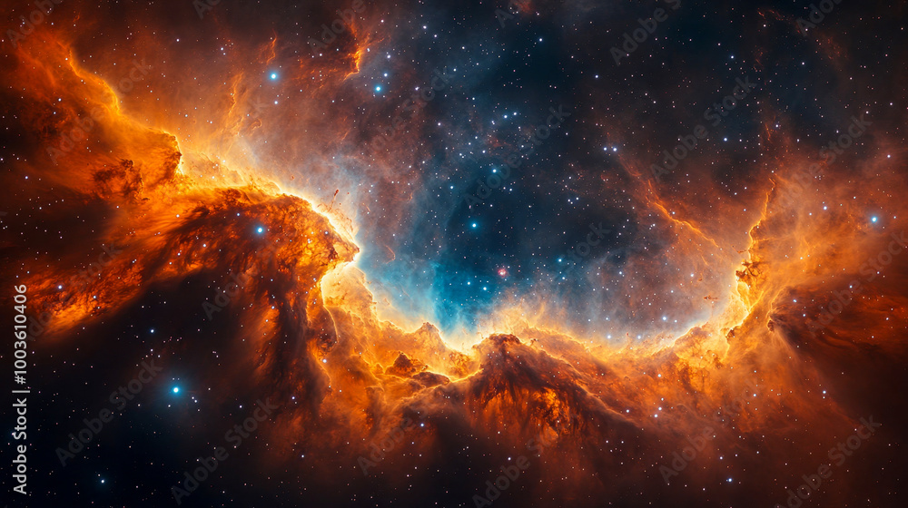 Fototapeta premium Bright interstellar clouds of gas and dust are glowing in orange and blue