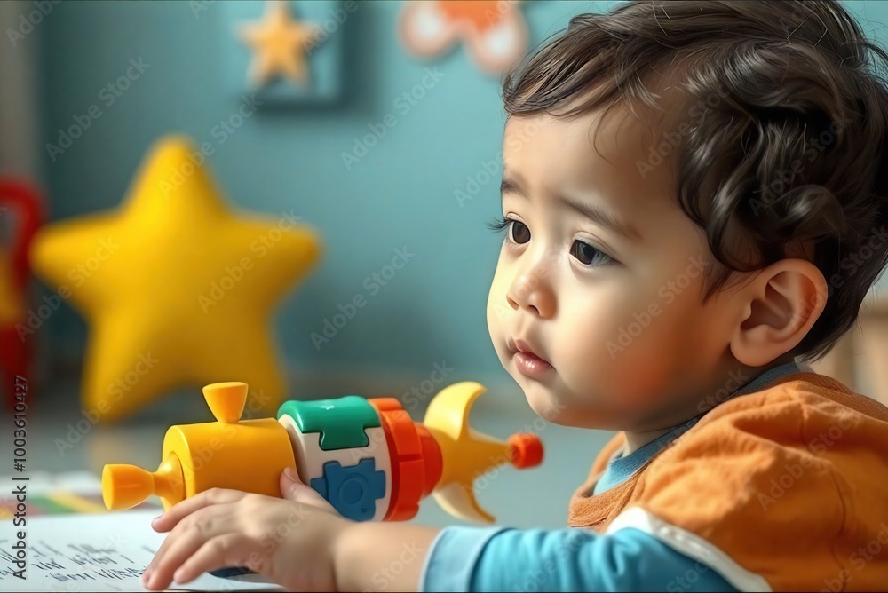 Naklejka premium Bebé en guardería sonriente. Rasgos infantiles propios de su edad. Al fondo un área de juegos. 