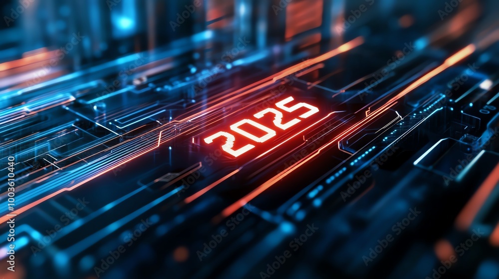 Futuristic digital interface displaying the year 2025 with glowing circuitry. Futuristic digital interface displaying the year 2025 with glowing circuitry.