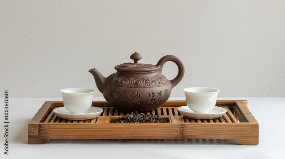 A tea set with a teapot and two cups on a wooden tray A tea set with a teapot and two cups on a wooden tray