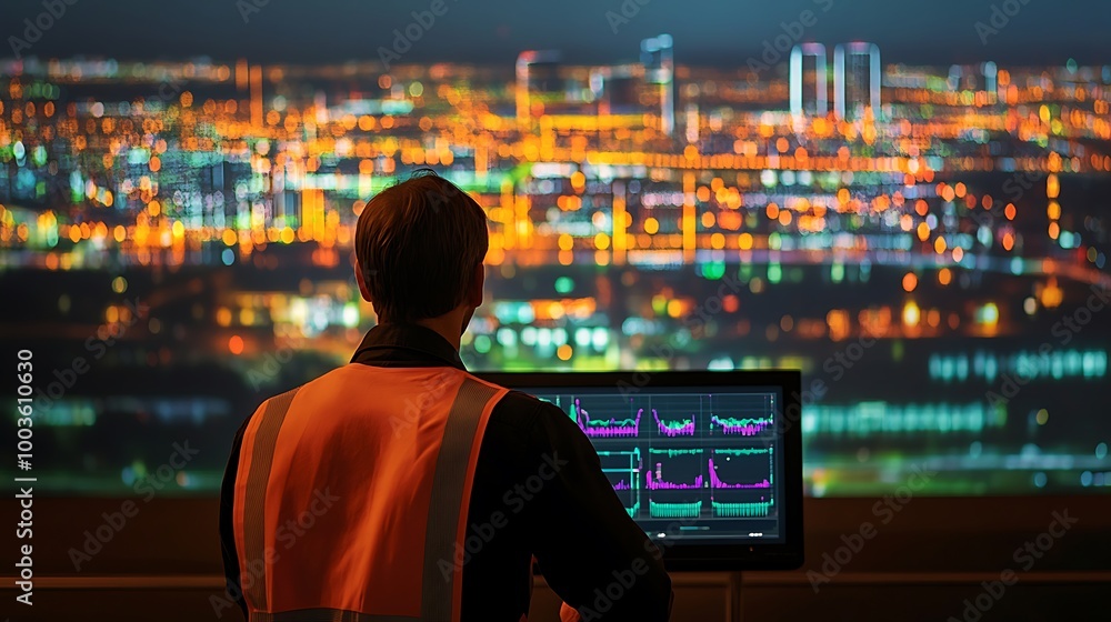 An engineer stands in front of a large digital interface monitoring the energy consumption of a smart city. AI algorithms suggest optimizations for energy distribution across the grid displayed on glo An engineer stands in front of a large digital interface monitoring the energy consumption of a smart city. AI algorithms suggest optimizations for energy distribution across the grid displayed on glo