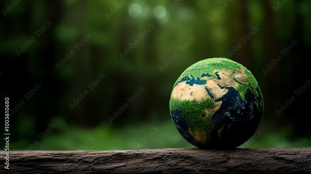 Globe on wooden surface, symbolizing nature and global sustainability, green forest background. Globe on wooden surface, symbolizing nature and global sustainability, green forest background.