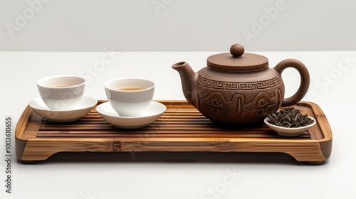 A tea set with a teapot and two cups on a wooden tray