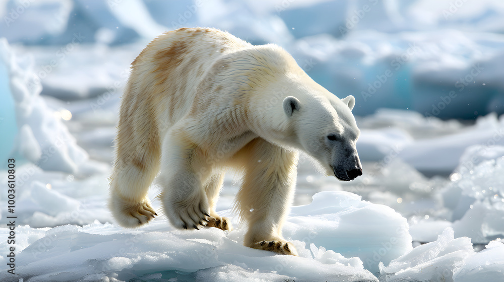 A magnificent polar bear roaming its icy habitat, blending into its surroundings with elegant stealth. A magnificent polar bear roaming its icy habitat, blending into its surroundings with elegant stealth.