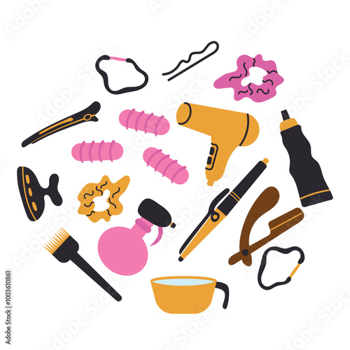 Hairdressing accessories in a circle. Vector of hair bands, hairpins, scissors, hair dryer