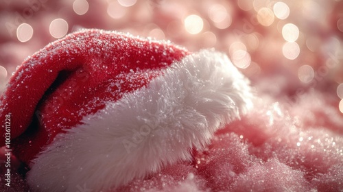 macro shot of santa clauss hat detail, soft pink background, fluffy texture and vibrant red color, glowing effect, high-definition festive layout. photo