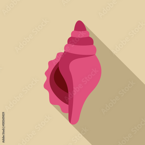 Minimalist illustration featuring a pink seashell, casting a long shadow on a sand colored background, evoking a sense of tranquility and coastal vibes
