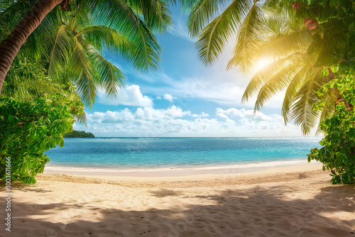 A tropical beach, sand with palm trees and the ocean in the background, Summer holiday