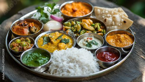 A silver platter of Indian food, rice and chicken with floral decorations, colorful in the style of Indian wedding photography. Created with Ai