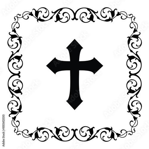 Christian cross with decorative ornamental frames vintage or Victorian and scroll elements. Classic floral swirls, swashes and dividers.