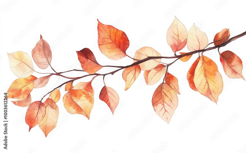 Artistic PNG featuring a watercolor branch with vibrant autumn foliage.