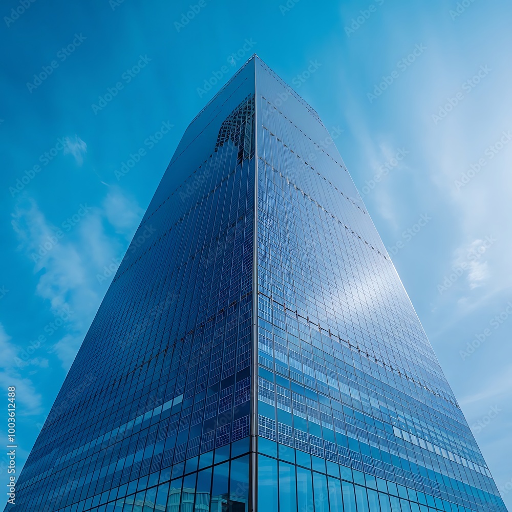 A sleek skyscraper covered in solar panels under a bright blue sky. A sleek skyscraper covered in solar panels under a bright blue sky.